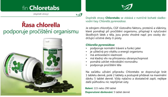 Chloretabs se získává z nutričně bohaté sladkovodní řasy Chlorella pyrenoidosa. Působí jako antioxidant, je zdrojem chlorofylu, CGF růstového faktoru, proteinů a vlákniny, které ve vzájemné spolupráci pomáhají při čištění střeva - chlorella je tak nápomocná při očistě organismu, přispívá k vylučování škodlivých látek z těla. Podporuje normální trávení a funkci jater. Je vhodná pro osoby dodržující očistné diety či půsty. 
