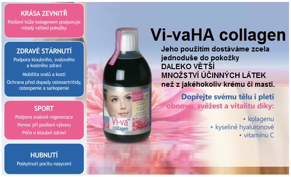 Doplněk stravy fin Vi-vaHA collagen obsahuje rybí hydrolyzovaný kolagen Peptan™, kyselinu hyaluronovou a vitamín C. Kolagen a kyselina hyaluronová jsou důležité pro zdraví pokožky, pojivové tkáně a pohybového aparátu. 